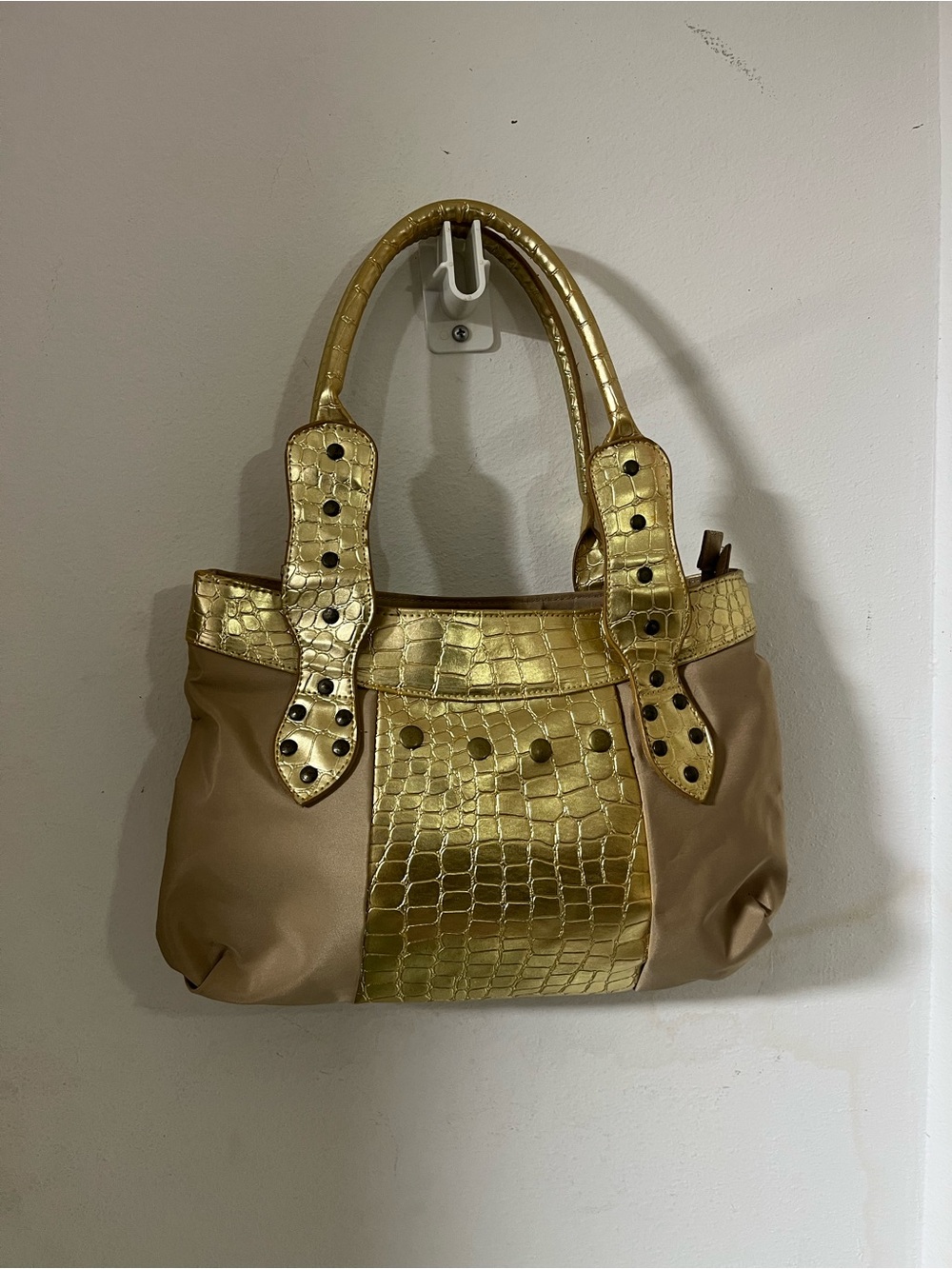 Bijoux Terner Beige Gold Croc Embossed Studded Satchel Handbag